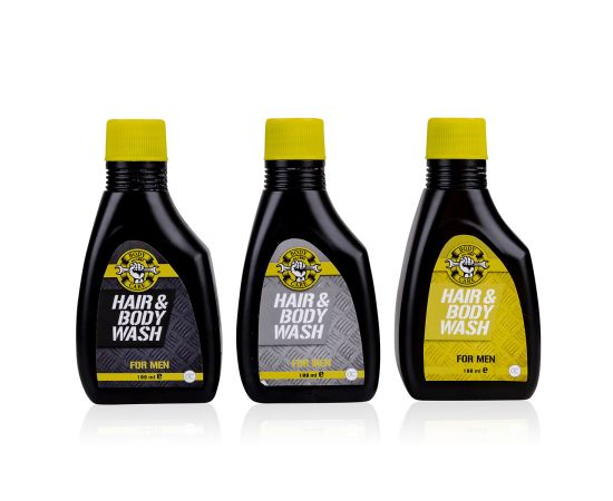 Подарък за мъж, душ гел, 100ml hair & body wash BATH & BODY TOOLS (shape: engine oil bottle), fragrance: Musk,  black / yellow / grey in display , подаръци за коледа,1,LilaCare Bulgaria