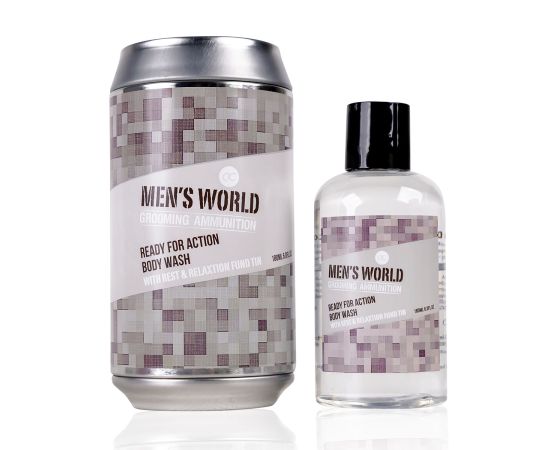 Подарък за мъж, душ гел, 180ml body wash MEN'S WORLD in coin bank (shape: beer can), fragrance: Oak & Amber, col.: cream/brown/grey, подаръци за коледа,1,LilaCare Bulgaria