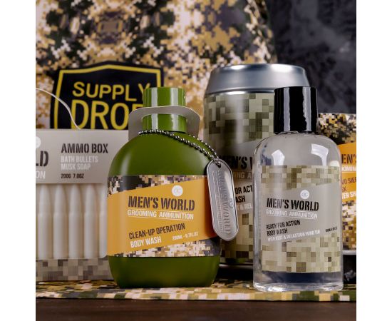 Подарък за мъж, душ гел, 200ml body wash MEN'S WORLD in bottle, inkl. dog tag, fragrance: Oak & Amber, col.: olive green/ochre/orange, подаръци за коледа,1,LilaCare Bulgaria