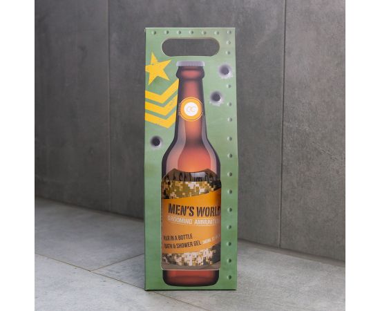 Подарък за мъж, душ гел, 360ml bath & shower gel MEN'S WORLD paper gift box in beer bottle look, fragrance: Oak & Amber, col.: olive gree/ochre/orange, подаръци за коледа,1,LilaCare Bulgaria