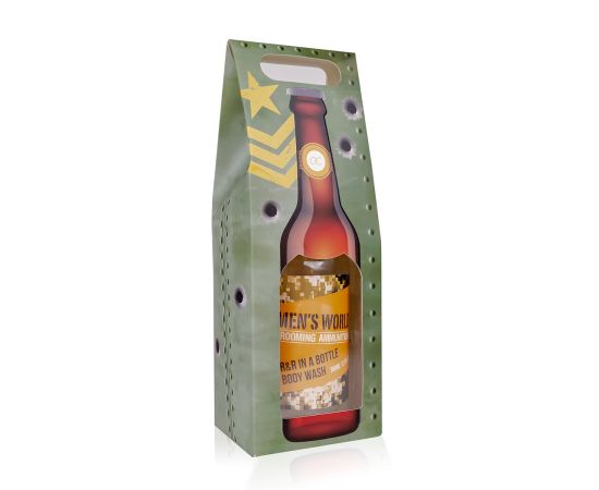 Подарък за мъж, душ гел, 360ml bath & shower gel MEN'S WORLD paper gift box in beer bottle look, fragrance: Oak & Amber, col.: olive gree/ochre/orange, подаръци за коледа,1,LilaCare Bulgaria