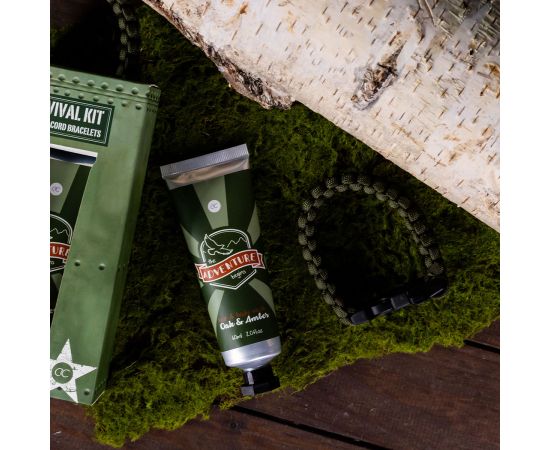 Подарък за мъж, душ гел, Гривна, Bath set ADVENTURE COLLECTION in paper gift box, 60ml hair & body wash, paracord survival bracelet (total length: ca 3 meters), fragrance: Oak & Amber, col. green/orange, подаръци за коледа,1,LilaCare Bulgaria