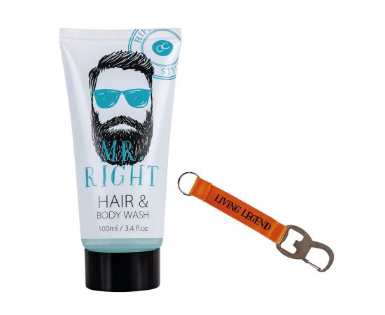 Подарък за мъж, душ гел, Ключодържател, Bath set HIPSTER STYLE in paper gift box, 100ml hair & body wash, key ring/bottle opener, fragrance: Oak & Citrus, col. white/orange/blue, подаръци за коледа,1,LilaCare Bulgaria