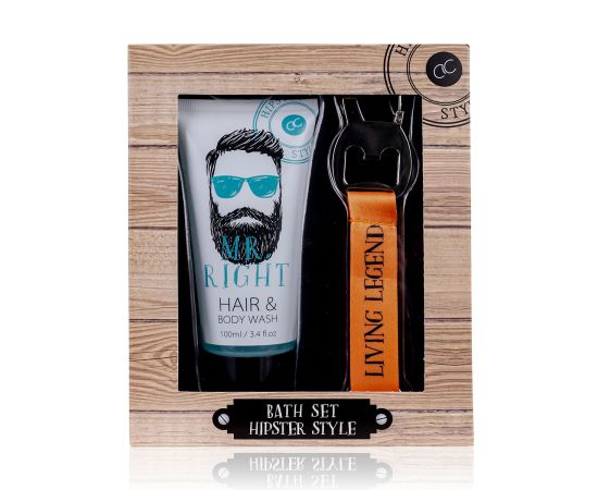 Подарък за мъж, душ гел, Ключодържател, Bath set HIPSTER STYLE in paper gift box, 100ml hair & body wash, key ring/bottle opener, fragrance: Oak & Citrus, col. white/orange/blue, подаръци за коледа,1,LilaCare Bulgaria