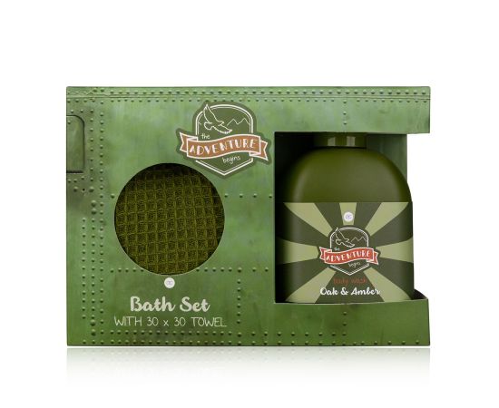 Подарък за мъж, душ гел, Кърпа, Bath set ADVENTURE COLLECTION in paper gift box, 200ml body wash, 30 * 30cm towel, fragrance: Oak & Amber, col.: green/orange, подаръци за коледа,1,LilaCare Bulgaria