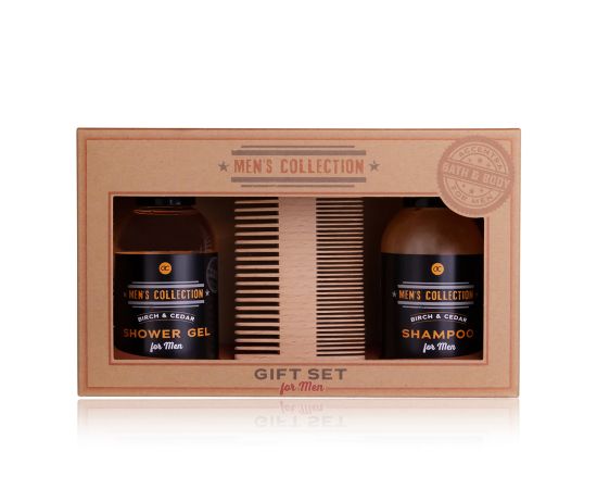 Подарък за мъж, душ гел, шампоан, Гребен за брада, Gift set MEN'S COLLECTION 100ml shower gel, 100ml shampoo, wooden comb, fragrance: Birch & Cedar, col. brown, подаръци за коледа,1,LilaCare Bulgaria