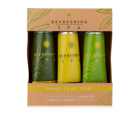 Подарък за жена, крем за ръце, Hand care set REFRESHING SPA in gift box, 3 * 60ml hand & nail cream, infused with Lemon Oil, fragrance: Lemon & Jasmine, col. green/yellow/brown, подаръци за коледа,1,LilaCare Bulgaria