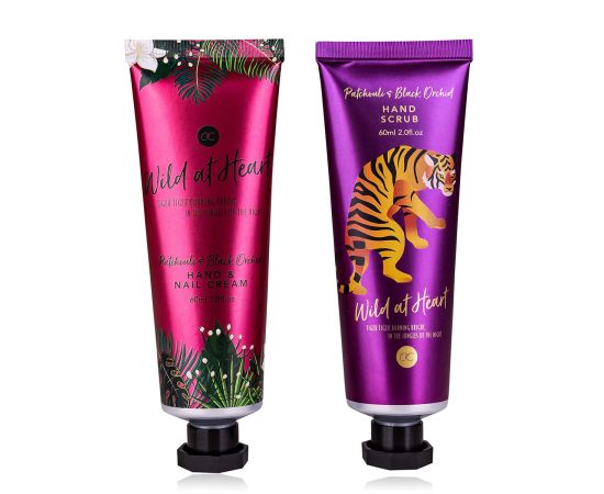 Подарък за жена, крем за ръце, скраб, Hand care set WILD AT HEART in cosmetic bag, 60ml hand & nail cream, 60ml hand скраб, fragrance: Patchouli & Black Orchid, col. green/gold/black, подаръци за коледа,1,LilaCare Bulgaria