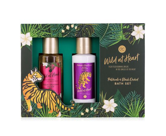 Подарък за жена, душ гел, лосион за тяло, Bath set WILD AT HEART in gift box, 100ml shower gel, 100ml body lotion, fragrance: Patchouli & Black Orchid, col. green/gold/black, подаръци за коледа,1,LilaCare Bulgaria