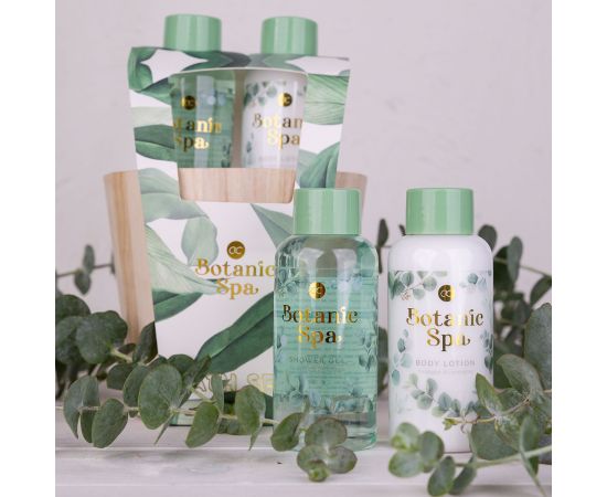 Подарък за жена, душ гел, лосион за тяло, Bath set BOTANIC SPA in wooden bucket, 100ml shower gel, 100ml body lotion, fragrance: Eucalyptus & Lemongrass, col. green/white/gold, подаръци за коледа,1,LilaCare Bulgaria