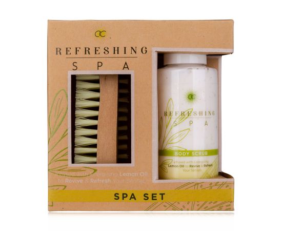 Подарък за жена, скраб, Четка за масаж, Wellness set REFRESHING SPA in gift box, 100ml body скраб, massage brush, infused with Lemon Oil, fragrance: Lemon & Jasmine, col. green/yellow, подаръци за коледа,1,LilaCare Bulgaria