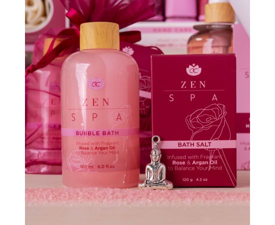 Подарък за жена, душ гел, соли за вана, Wellness set ZEN SPA in organza bag with Buddha pendant, 180ml bubble bath, 120g bath salt, infused with Rose and Argan Oil, fragrance: Rose & Argan, col. red, подаръци за коледа,1,LilaCare Bulgaria