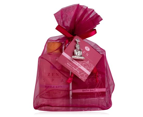 Подарък за жена, душ гел, соли за вана, Wellness set ZEN SPA in organza bag with Buddha pendant, 180ml bubble bath, 120g bath salt, infused with Rose and Argan Oil, fragrance: Rose & Argan, col. red, подаръци за коледа,1,LilaCare Bulgaria