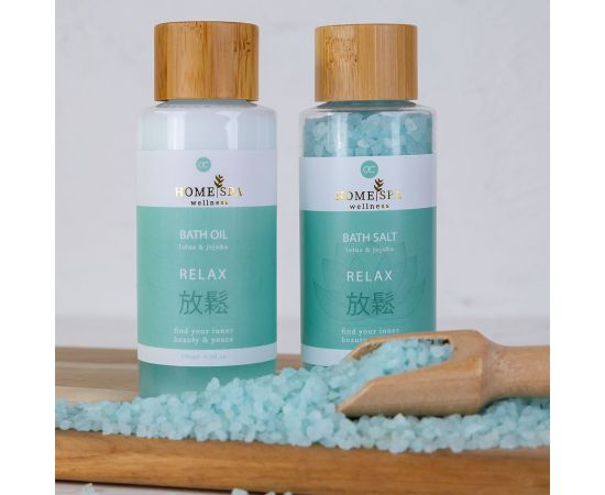 Подарък за жена, душ гел, соли за вана, Bath set HOME SPA in paper gift box, 100ml bath oil, 100g bath salt, fragrance: Lotus & Jojoba, col. mint green/brown/white, подаръци за коледа,1,LilaCare Bulgaria